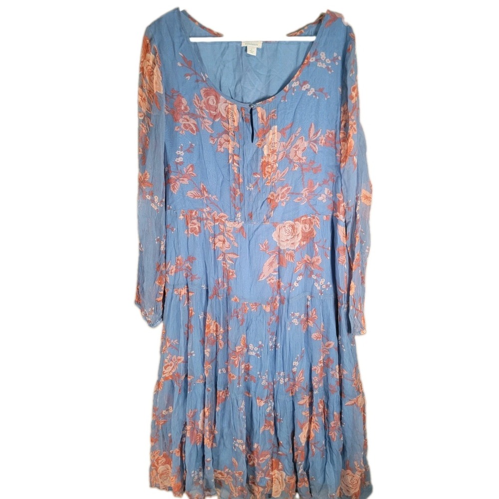 Sundance Dress Large L Blue Floral Cupro Tiered Midi Peasant Prairie Cottagecore